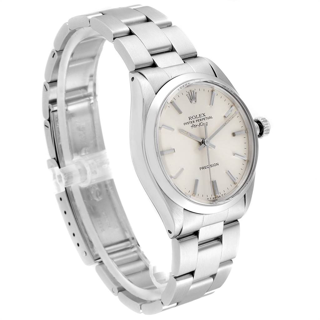 The Rolex Air-King 5500 Men's Stainless Steel Silver Dial 5500 Men's Stainless Steel Silver Dial watch is shown in a three-quarter angle, displaying the face, crown, and bracelet.