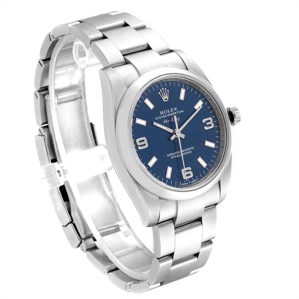 The image shows a side and front view of a Rolex Air-King 114200 Men's Stainless Steel Blue Dial 114200 Men's Stainless Steel Blue Dial watch, highlighting its blue dial and stainless steel bracelet.
