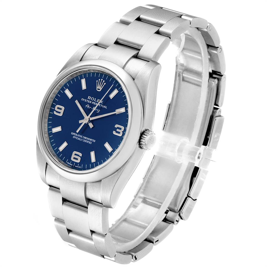 This Rolex Air-King 114200 Men's Stainless Steel Blue Dial 114200 Men's Stainless Steel Blue Dial watch is shown at a slight angle, displaying its face and stainless steel bracelet.