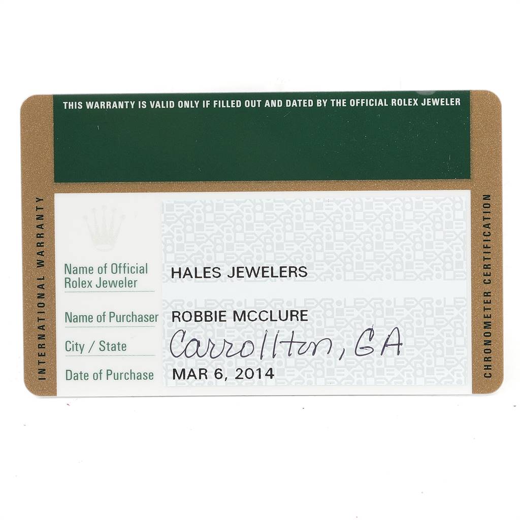 The image shows the warranty card for an Air-King Rolex watch, including jeweler, purchaser, city/state, and purchase date details.