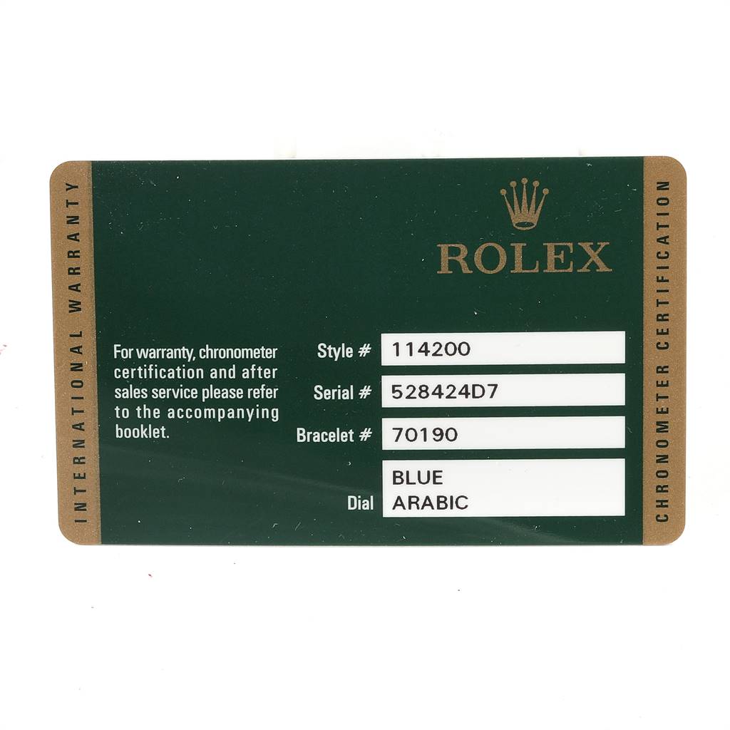 This image shows a warranty card for a Rolex Air-King 114200 Men's Stainless Steel Blue Dial 114200 Men's Stainless Steel Blue Dial model 114200, with details like serial, style, bracelet number, and dial type.