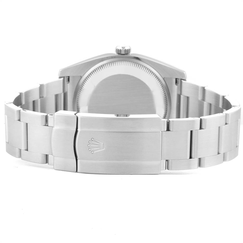 This image shows the back view of the Rolex Air-King 114200 Men's Stainless Steel Blue Dial 114200 Men's Stainless Steel Blue Dial model, highlighting the case back and the clasp of the bracelet.