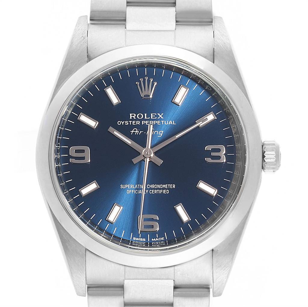 This image shows the front view of the Rolex Air-King 114200 Men's Stainless Steel Blue Dial 114200 Men's Stainless Steel Blue Dial watch, focusing on its dial, hands, and bracelet.