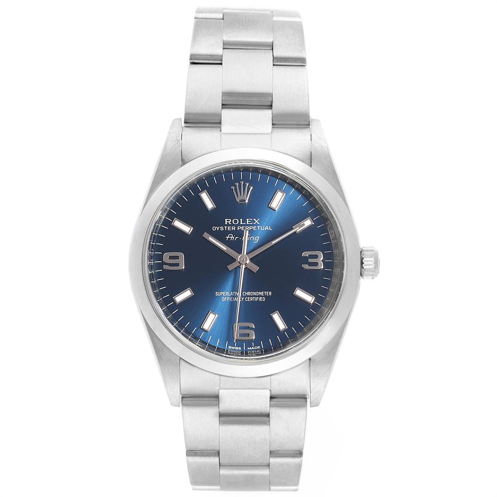 This image shows the front view of the Rolex Air-King 114200 Men's Stainless Steel Blue Dial 114200 Men's Stainless Steel Blue Dial watch, highlighting its dial, case, and bracelet.