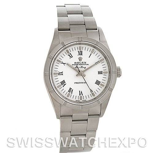 The image shows a front view of a Rolex Air-King 14010 Men's Stainless Steel White Dial 14010 Men's Stainless Steel White Dial watch, displaying its dial, hands, case, and bracelet.