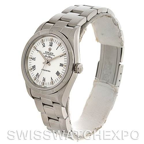 This image shows a side-front angle of the Rolex Air-King 14010 Men's Stainless Steel White Dial 14010 Men's Stainless Steel White Dial watch, highlighting its face, bezel, crown, and metal bracelet.
