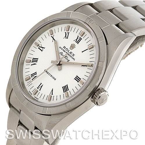 This is a close-up angled view of the Rolex Air-King 14010 Men's Stainless Steel White Dial 14010 Men's Stainless Steel White Dial watch, showcasing the dial, bezel, crown, and part of the bracelet.