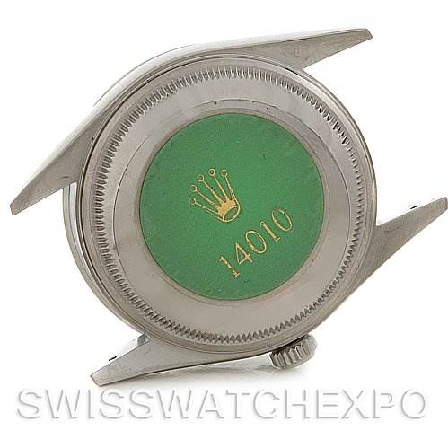 The image shows the case back and lugs of a Rolex Air-King 14010 Men's Stainless Steel White Dial 14010 Men's Stainless Steel White Dial watch model 14010, viewed at an angle emphasizing the sides and back.