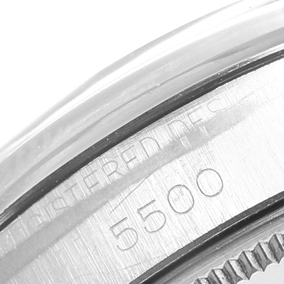 This photo shows a close-up of the engraved model number "5500" on the side of a Rolex Air-King 5500 Men's Stainless Steel Silver Dial 5500 Men's Stainless Steel Silver Dial watch case.