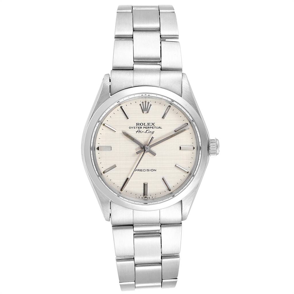 The Rolex Air-King 5500 Men's Stainless Steel Silver Dial 5500 Men's Stainless Steel Silver Dial watch is shown from a front angle, highlighting the dial, hands, case, and bracelet.