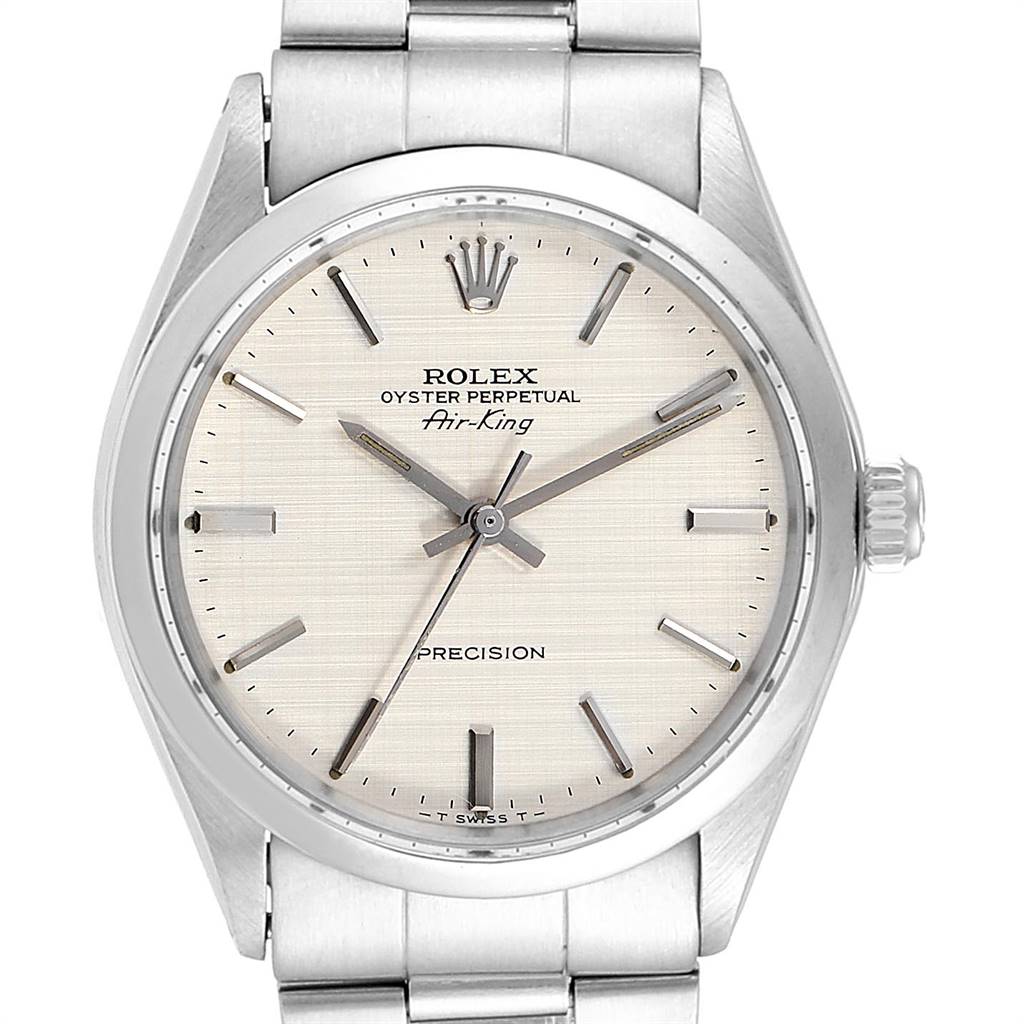 The image shows a front view of a Rolex Air-King 5500 Men's Stainless Steel Silver Dial 5500 Men's Stainless Steel Silver Dial watch, displaying the dial, hands, crown, and part of the bracelet.
