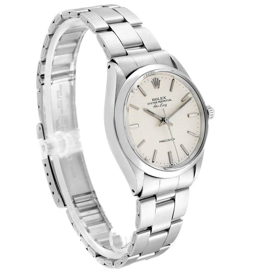 This image shows a Rolex Air-King 5500 Men's Stainless Steel Silver Dial 5500 Men's Stainless Steel Silver Dial watch from a three-quarter angle, highlighting the strap, case, and face.