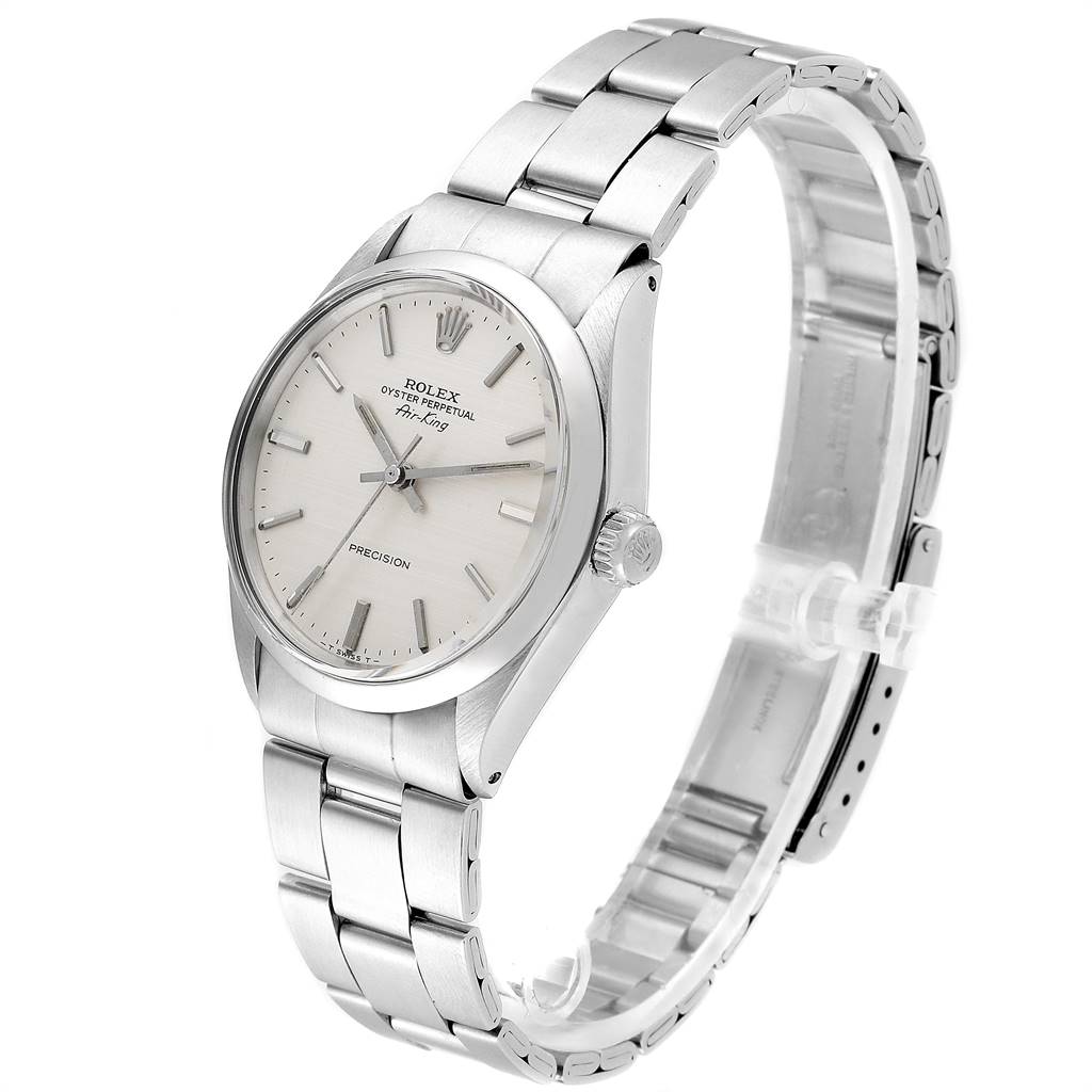 The Rolex Air-King 5500 Men's Stainless Steel Silver Dial 5500 Men's Stainless Steel Silver Dial model watch is shown from a side angle, highlighting the face, crown, and bracelet.