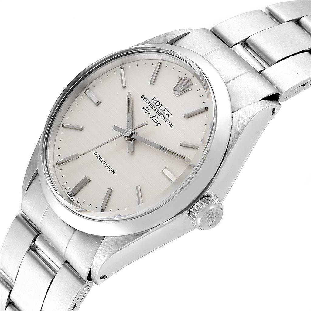 The image shows a close-up angled view of the Rolex Air-King 5500 Men's Stainless Steel Silver Dial 5500 Men's Stainless Steel Silver Dial watch focusing on the dial, crown, and part of the bracelet.