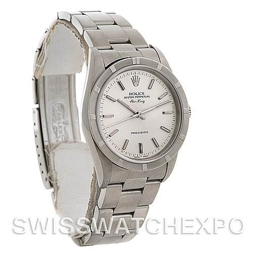 The image shows a side view of a Rolex Air-King 14010 Men's Stainless Steel Silver Dial 14010 Men's Stainless Steel Silver Dial watch, highlighting the face, bezel, and bracelet.