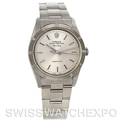The image shows a front view of a Rolex Air-King 14010 Men's Stainless Steel Silver Dial 14010 Men's Stainless Steel Silver Dial watch, displaying its face, bezel, crown, and bracelet.