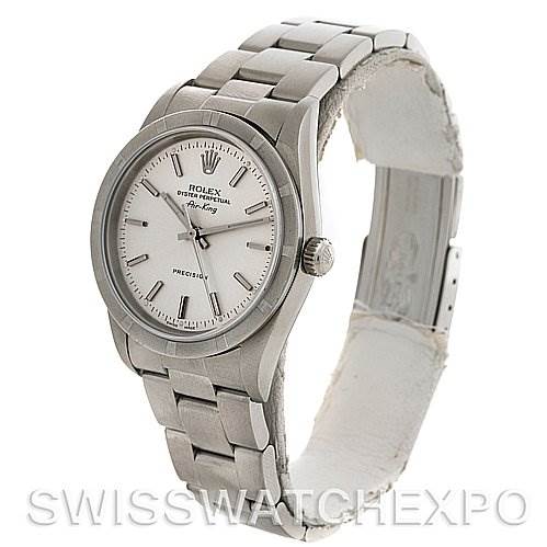 This image shows a Rolex Air-King 14010 Men's Stainless Steel Silver Dial 14010 Men's Stainless Steel Silver Dial watch angled slightly from the front and left side, displaying the face, bezel, crown, and bracelet.