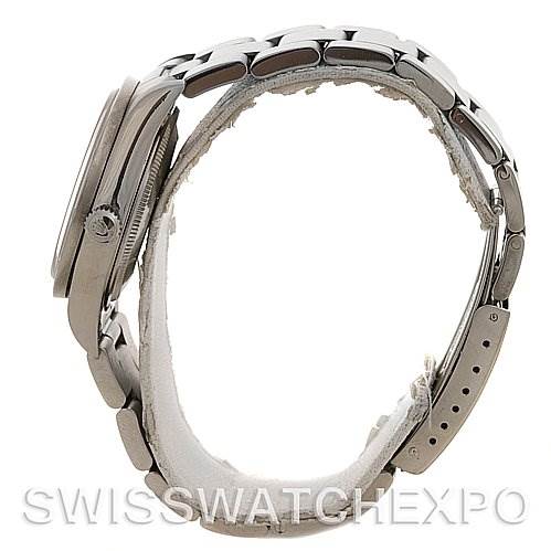 The image shows a side view of the Rolex Air-King 14010 Men's Stainless Steel Silver Dial 14010 Men's Stainless Steel Silver Dial watch, highlighting the case and bracelet.