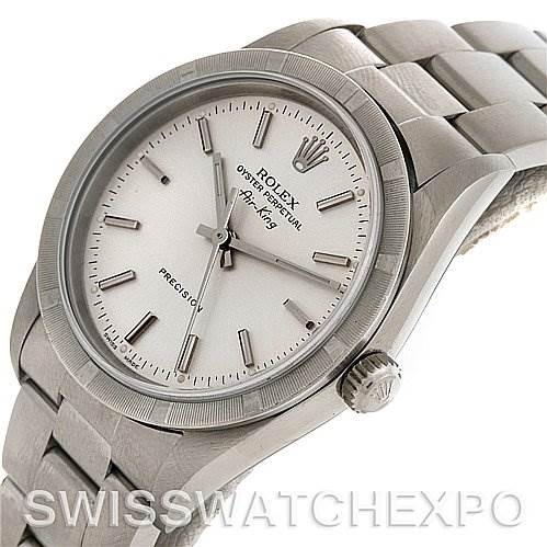The image shows a side angle of the Rolex Air-King 14010 Men's Stainless Steel Silver Dial 14010 Men's Stainless Steel Silver Dial watch, highlighting the dial, hands, bezel, crown, and bracelet.