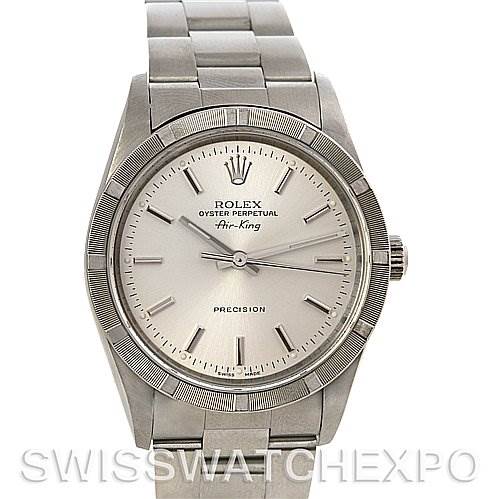 This is a front-facing view of a Rolex Air-King 14010 Men's Stainless Steel Silver Dial 14010 Men's Stainless Steel Silver Dial watch, displaying the face, bezel, crown, and part of the bracelet.
