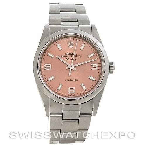 The image shows a Rolex Air-King 14010 Men's Stainless Steel Pink Dial 14010 Men's Stainless Steel Pink Dial watch from a front angle, showcasing its pink dial, stainless steel case, and bracelet.