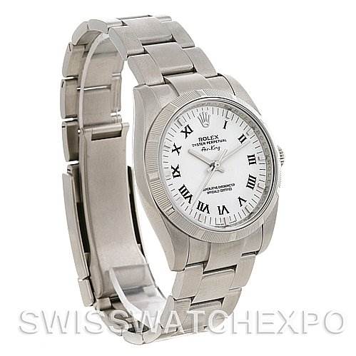 The Rolex Air-King 114210 Men's Stainless Steel White Dial 114210 Men's Stainless Steel White Dial watch is shown at a left side angle, highlighting the bracelet, case, crown, and dial with Roman numeral markers.