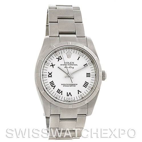 This is a front view of a Rolex Air-King 114210 Men's Stainless Steel White Dial 114210 Men's Stainless Steel White Dial watch, showing the face, bezel, and bracelet.