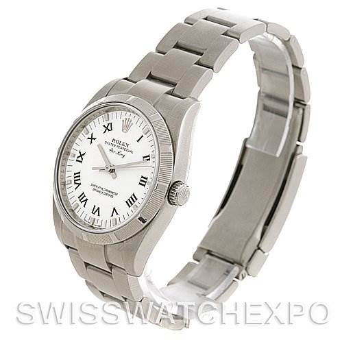 This image shows a Rolex Air-King 114210 Men's Stainless Steel White Dial 114210 Men's Stainless Steel White Dial watch at a three-quarter angle, highlighting its dial, crown, bracelet, and clasp.