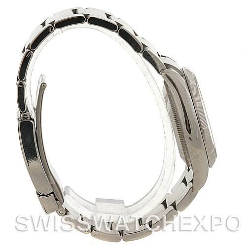 The image shows a side profile of a Rolex Air-King 114210 Men's Stainless Steel White Dial 114210 Men's Stainless Steel White Dial watch, highlighting the bracelet and the edge of the case and bezel.