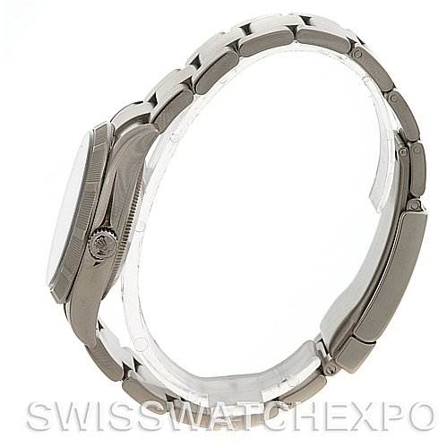 This is a side view of the Rolex Air-King 114210 Men's Stainless Steel White Dial 114210 Men's Stainless Steel White Dial watch, showing its case, crown, and bracelet.