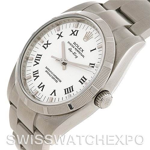 The image shows a close-up angled view of the Rolex Air-King 114210 Men's Stainless Steel White Dial 114210 Men's Stainless Steel White Dial watch, highlighting the face, crown, and bracelet links.