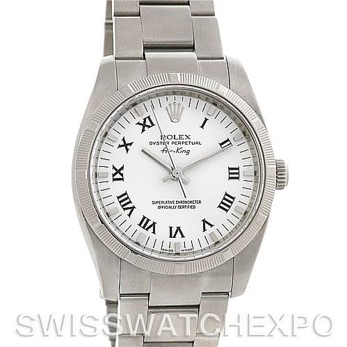 The image shows a front view of the Rolex Air-King 114210 Men's Stainless Steel White Dial 114210 Men's Stainless Steel White Dial watch, highlighting its dial, bezel, hands, crown, and bracelet.