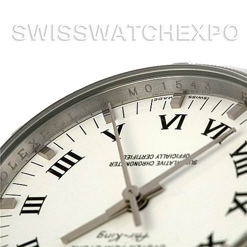 The image shows a close-up of the Rolex Air-King 114210 Men's Stainless Steel White Dial 114210 Men's Stainless Steel White Dial watch face, highlighting the Roman numerals, hands, and a portion of the bezel.