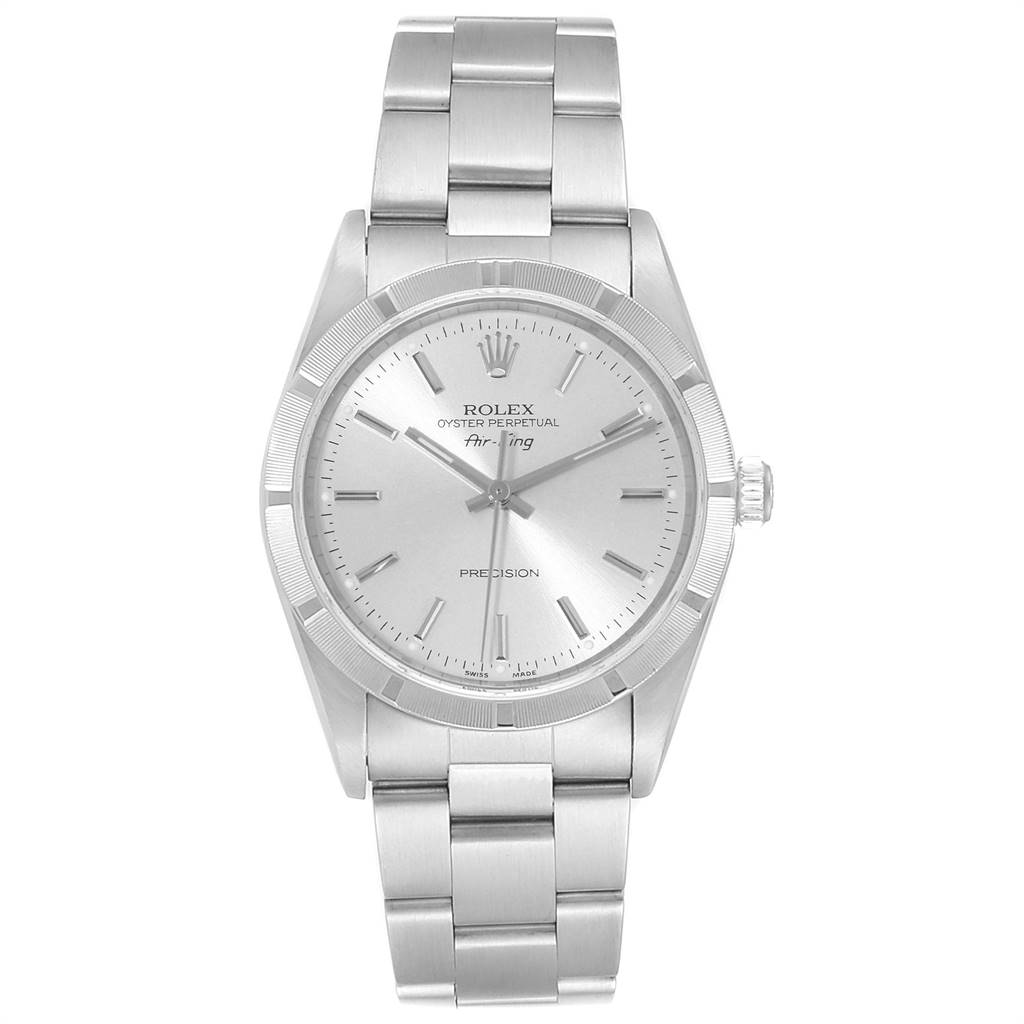 The image shows a front view of a Rolex Air-King 14010 Men's Stainless Steel Silver Dial 14010 Men's Stainless Steel Silver Dial watch, including the face, bezel, and bracelet.
