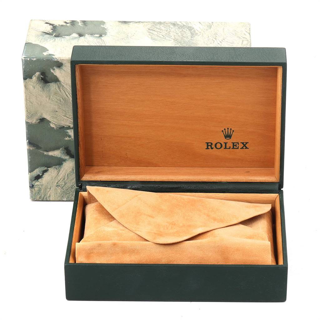 The image shows an open Rolex Air-King 14010 Men's Stainless Steel Blue Dial 14010 Men's Stainless Steel Blue Dial watch box with a protective cloth inside.
