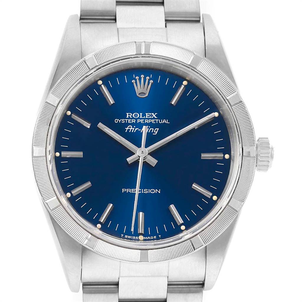 The image shows a front view of a Rolex Air-King 14010 Men's Stainless Steel Blue Dial 14010 Men's Stainless Steel Blue Dial watch, highlighting its blue dial, silver hour markers, and stainless steel bracelet.