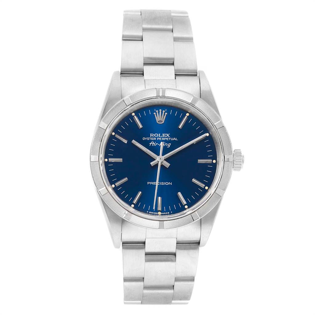 The Rolex Air-King 14010 Men's Stainless Steel Blue Dial 14010 Men's Stainless Steel Blue Dial watch is shown from a top-down angle, displaying the entire face, bezel, and bracelet.