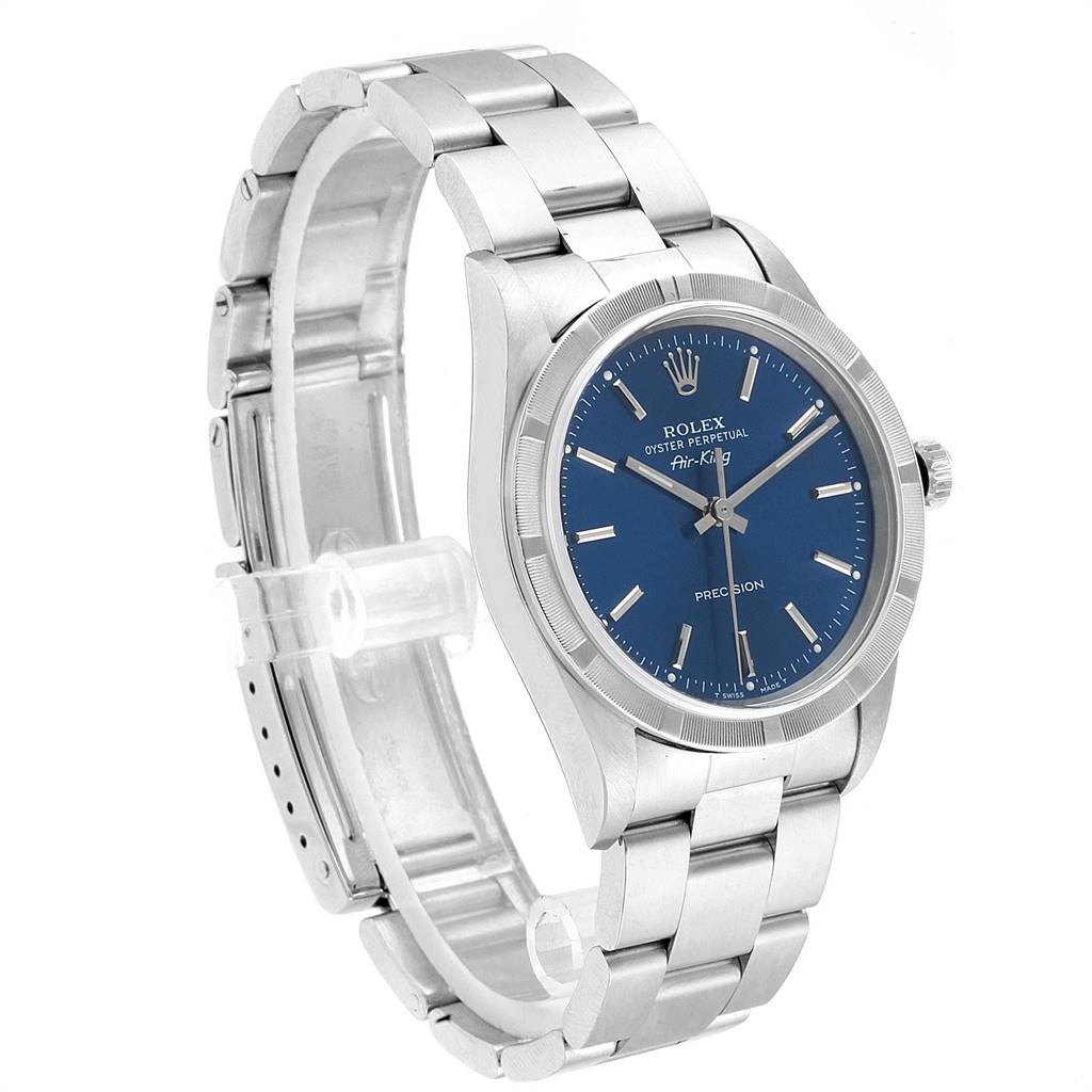 This image shows a side view of the Rolex Air-King 14010 Men's Stainless Steel Blue Dial 14010 Men's Stainless Steel Blue Dial watch, highlighting its bracelet, clasp, and blue dial face.