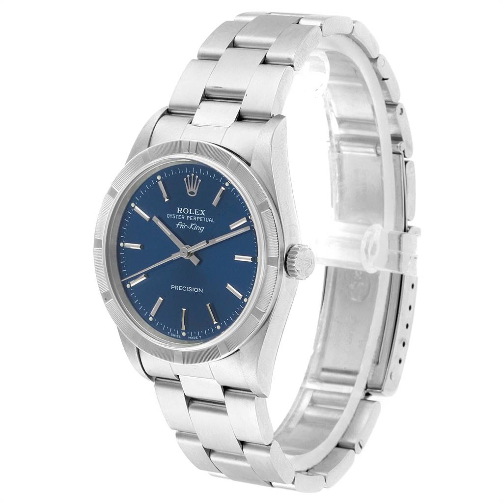 The Rolex Air-King 14010 Men's Stainless Steel Blue Dial 14010 Men's Stainless Steel Blue Dial watch is shown at a side angle, highlighting its blue dial, steel case, and bracelet.