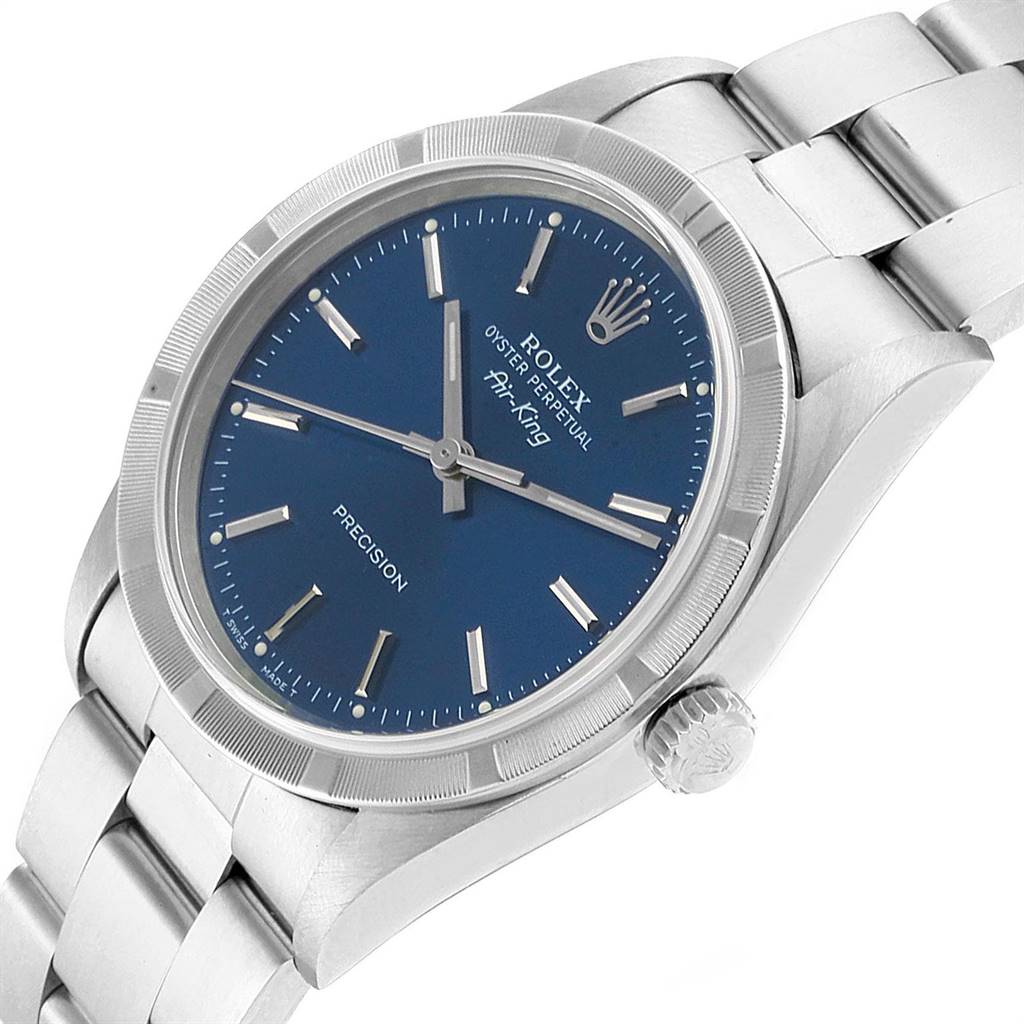 This image showcases a Rolex Air-King 14010 Men's Stainless Steel Blue Dial 14010 Men's Stainless Steel Blue Dial watch at a three-quarter view, highlighting its dial, crown, and bracelet.
