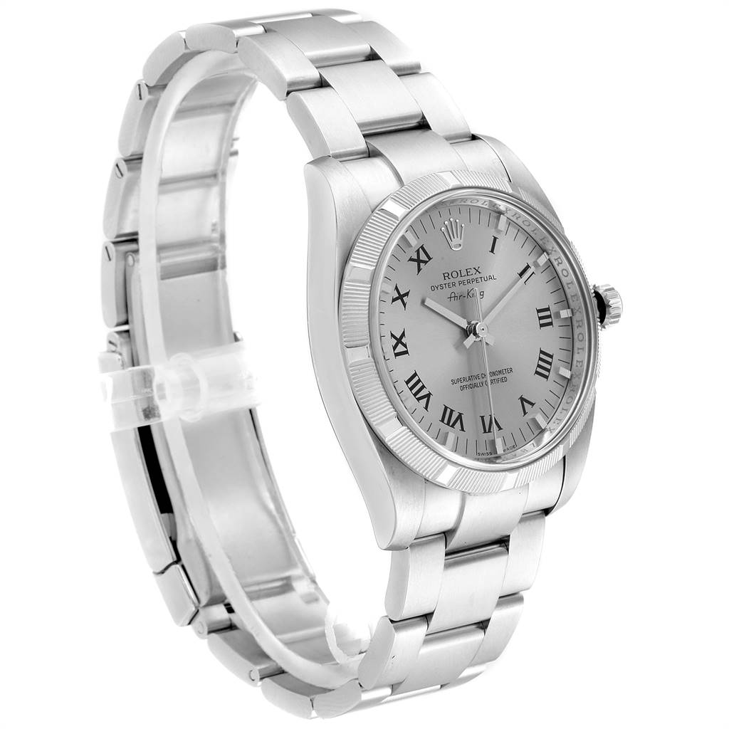The image shows a side view of a Rolex Air-King 114210 Men's Stainless Steel Grey Dial 114210 Men's Stainless Steel Grey Dial watch, featuring the bracelet, case, and dial.
