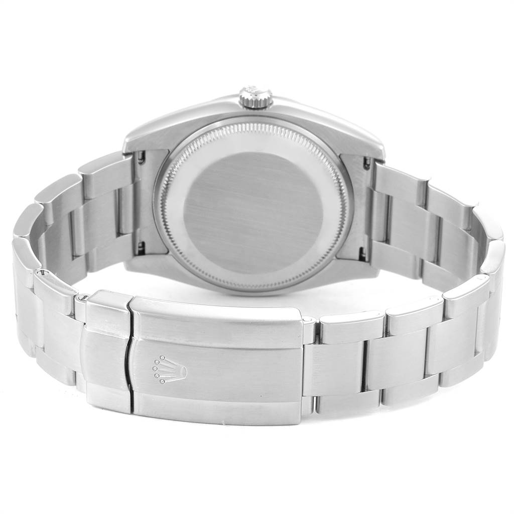 This image shows the back and bracelet of a Rolex Air-King 114210 Men's Stainless Steel Grey Dial 114210 Men's Stainless Steel Grey Dial watch, highlighting the clasp and case back.