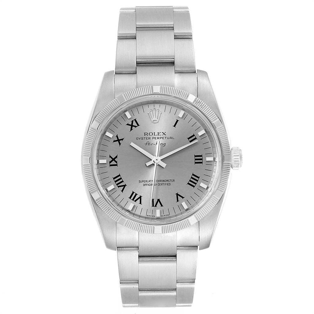 This image shows a frontal view of a Rolex Air-King 114210 Men's Stainless Steel Grey Dial 114210 Men's Stainless Steel Grey Dial watch, displaying its face, dial, bezel, and bracelet.