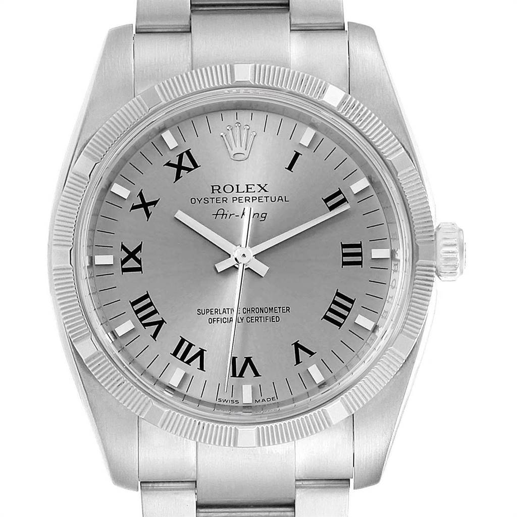 This image shows a frontal view of the Rolex Air-King 114210 Men's Stainless Steel Grey Dial 114210 Men's Stainless Steel Grey Dial watch, highlighting its dial, bezel, and part of the bracelet.