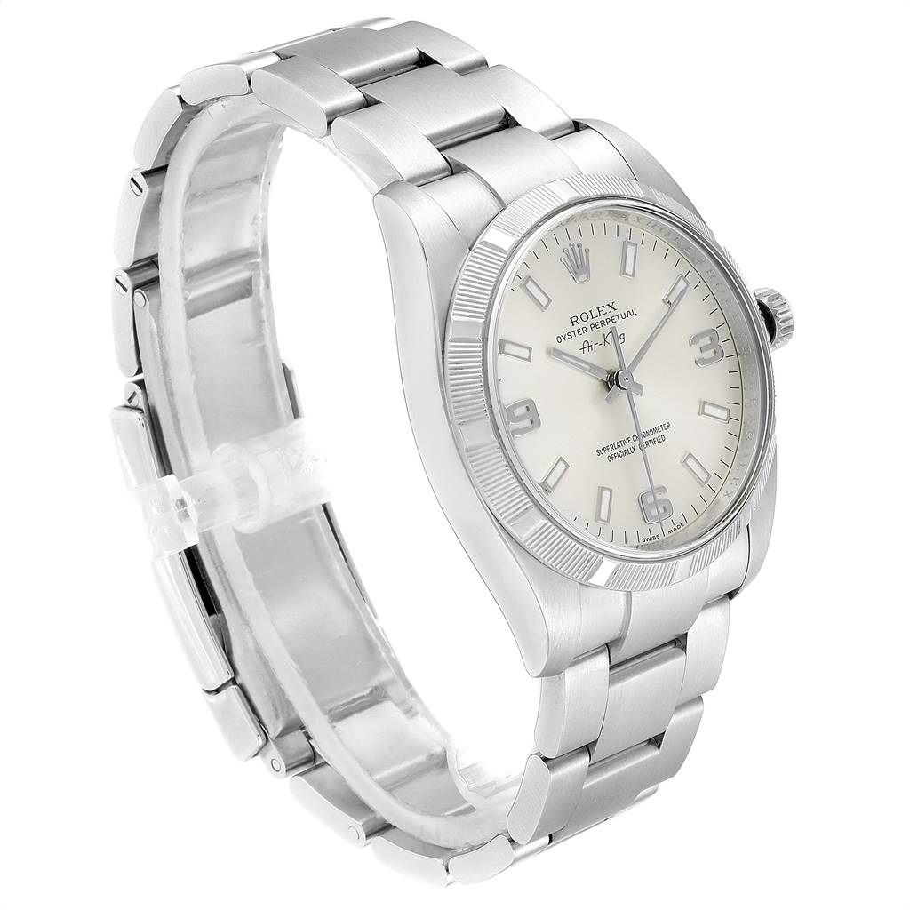 The image shows a Rolex Air-King 114210 Men's Stainless Steel Silver Dial 114210 Men's Stainless Steel Silver Dial watch at a slight angle, highlighting its face, bezel, and stainless steel band.