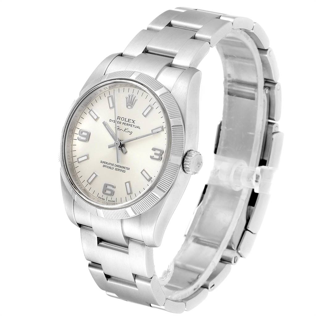 The image shows a Rolex Air-King 114210 Men's Stainless Steel Silver Dial 114210 Men's Stainless Steel Silver Dial watch from a front angled view, highlighting the dial, bezel, and stainless steel bracelet.