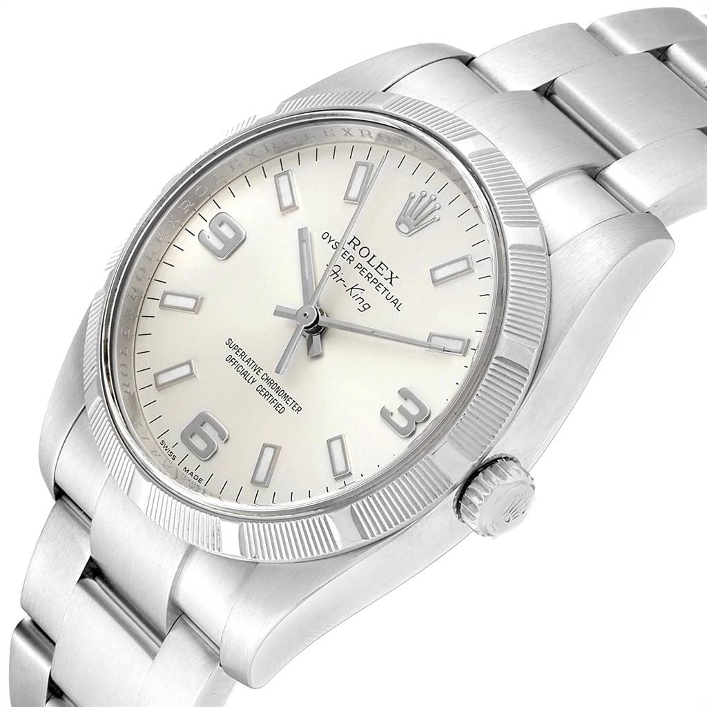 This is a frontal angle of the Rolex Air-King 114210 Men's Stainless Steel Silver Dial 114210 Men's Stainless Steel Silver Dial watch, showing the face, crown, and part of the bracelet.