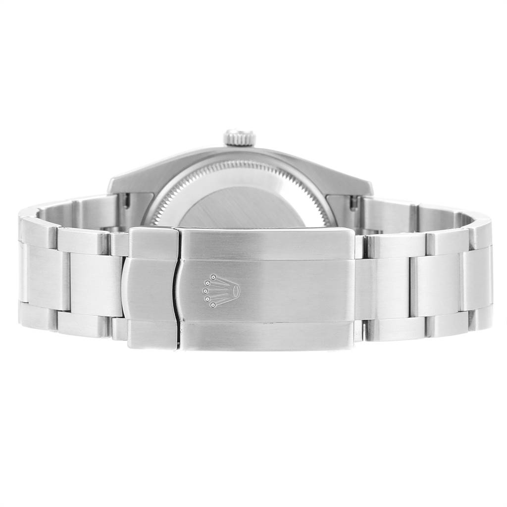 The image shows the clasp and bracelet of the Rolex Air-King 114210 Men's Stainless Steel Silver Dial 114210 Men's Stainless Steel Silver Dial watch from a rear view.