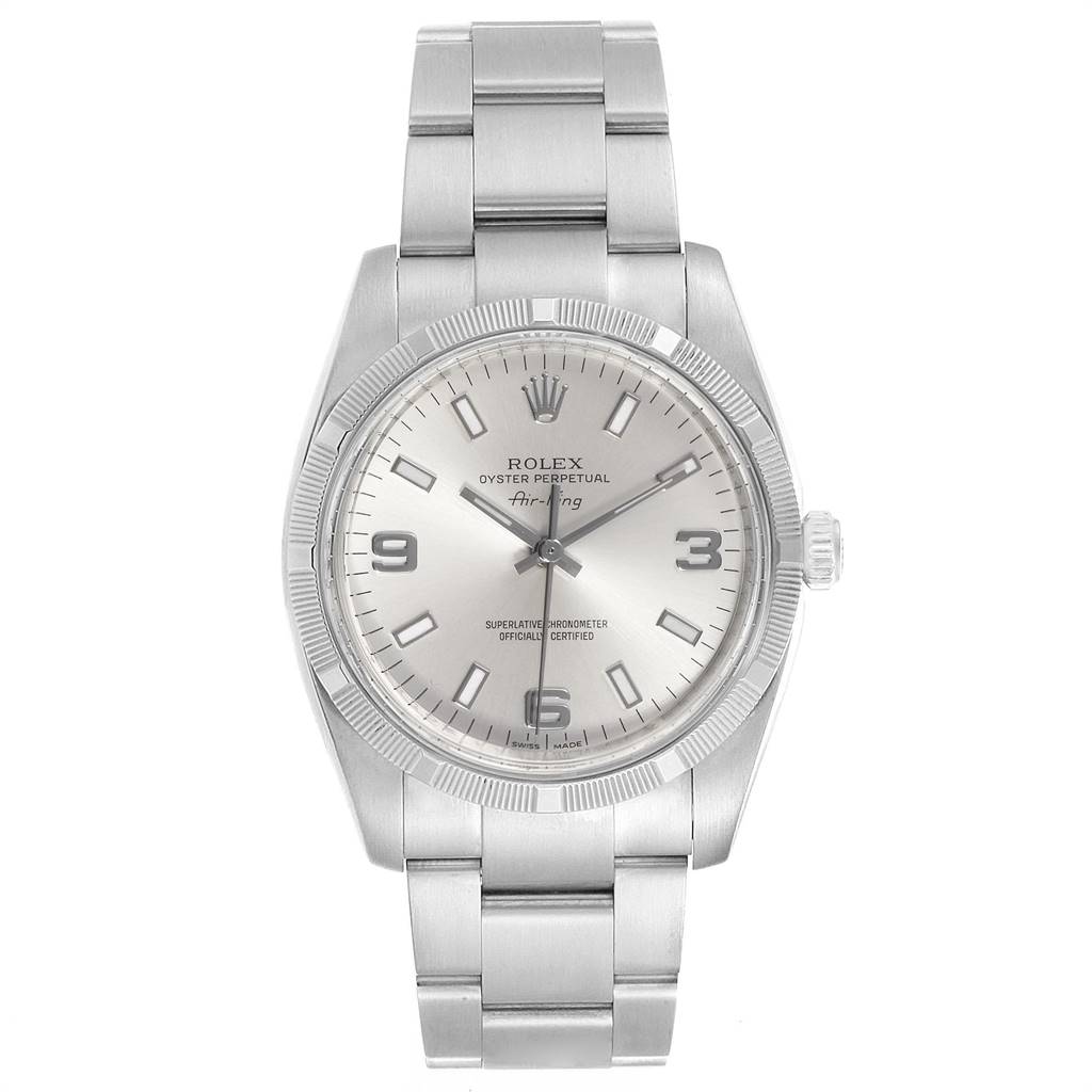 The image shows a Rolex Air-King 114210 Men's Stainless Steel Silver Dial 114210 Men's Stainless Steel Silver Dial watch with a silver dial and metal bracelet, viewed from the front.