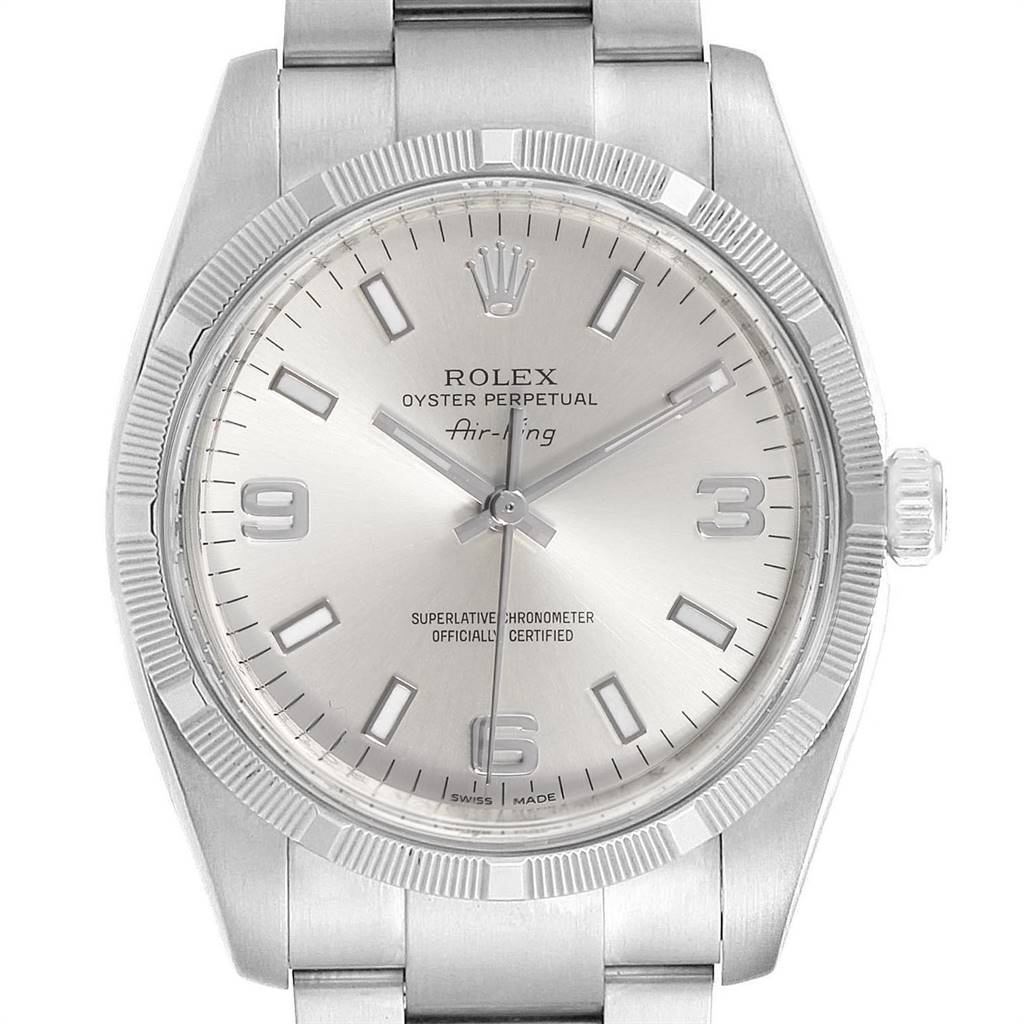 The image shows a front view of the Rolex Air-King 114210 Men's Stainless Steel Silver Dial 114210 Men's Stainless Steel Silver Dial watch, highlighting the dial, hands, crown, and part of the bracelet.